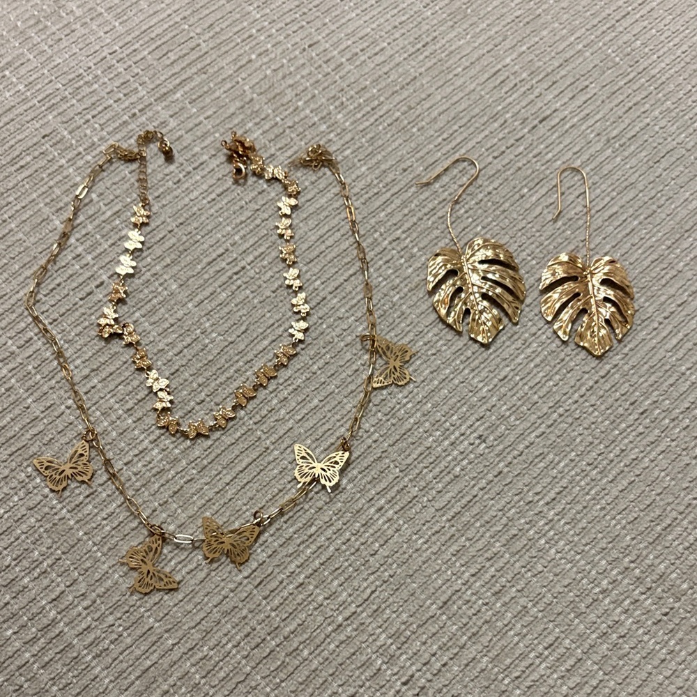 Gold Butterfly Necklace and Leaf Earrings Set
